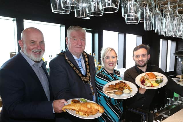 Mayor of Causeway Coast and Glens, Councillor Steven Callaghan pictured with Marc McGerty from the Labour Market Partnership, Louise Boyle from Coleraine Jobs and
Benefits Office and Aaron Boreland from Ramore Restaurants. Credit Causeway Coast and Glens Borough Council
