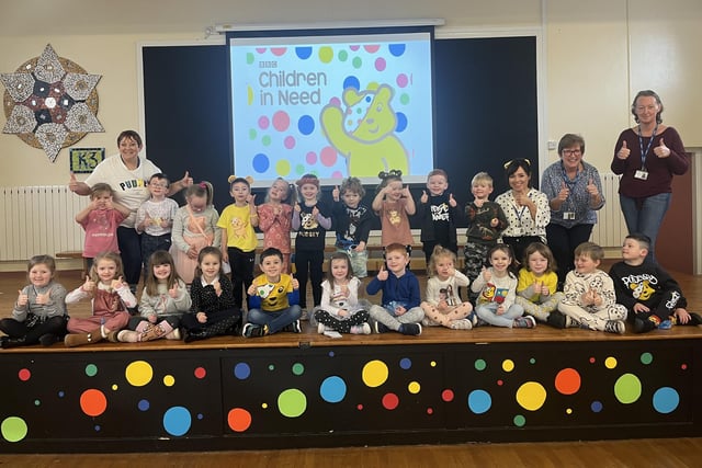 Thumbs up for Pudsey from the staff and pupils of Killowen Primary School