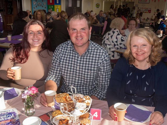 Enjoying the the Richmount Primary School charity coffee morning are from left, Anastazja Wisniewska, Ben KImber and Lynn Stewart.