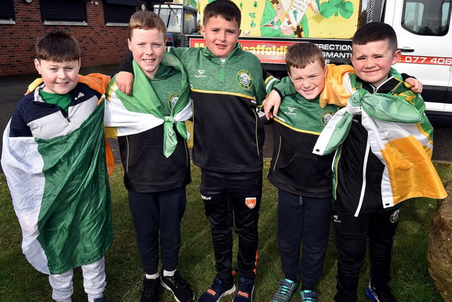  Ready for the road at the St Paul's GAC St Patrick's Day parade are from left, Ethan McConville, Eoin Hutchinson, Harry Reid, Jamie Hutchinson and Kai McKenna. LM12-200.