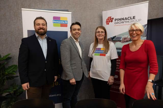 Pictured l to r are Robert McConnell, Director and Co-Founder at Pinnacle Growth Group Dr Scott King, Director and Co-Founder at Pinnacle Growth Group Jackie McCurdy, Fundraising Assistant at Dementia NI and Judith Neill, General Manager at Pinnacle Growth Group