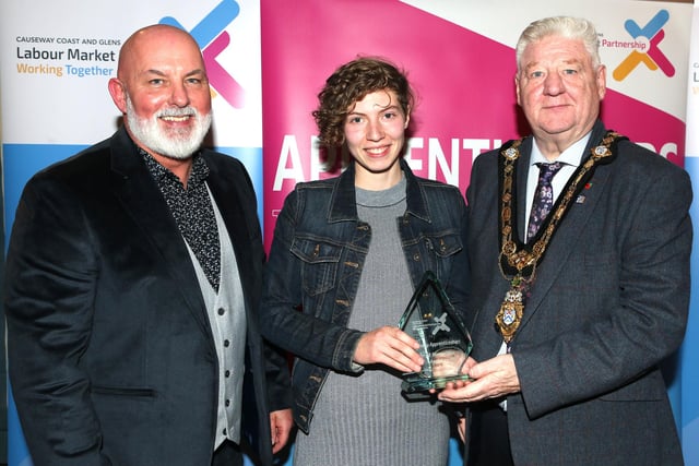 Mayor of Causeway Coast and Glens, Councillor Steven Callaghan alongside Labour Market Partnership Manager, Marc McGerty presenting Caitlin Porter with a Special Recognition Award.