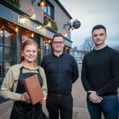 READY TO GO…Pictured during final preparations for the opening of the refurbished Fiddlers Rest in Portglenone are (l-r): Aaron Laverty (Venue Manager),Ryan McGlone (Commercial Manager, Dormans Hospitality Group) and Ciara Duggan (Front of House Staff). Credit: Matt Mackey