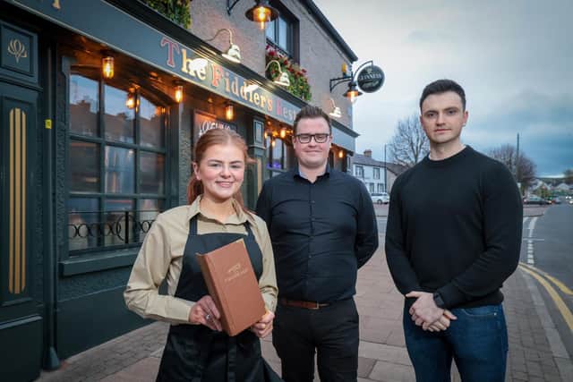 READY TO GO…Pictured during final preparations for the opening of the refurbished Fiddlers Rest in Portglenone are (l-r): Aaron Laverty (Venue Manager),Ryan McGlone (Commercial Manager, Dormans Hospitality Group) and Ciara Duggan (Front of House Staff). Credit: Matt Mackey