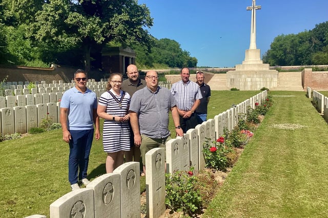 Delegation pictured at Ancre Cemetery, which is located in the Somme region of France and commemorates British and Commonwealth soldiers who fought in the Battle of the Somme.
