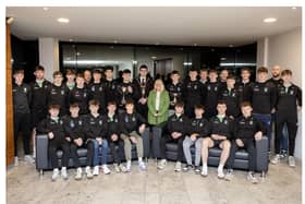 Mayor of Causeway Coast and Glens, Councillor Ciarán McQuillan and Councillor Margaret Anne McKillop pictured with members of the Glenariffe - Glenravel Minor hurling team at a reception celebrating their Ulster Championship win. CREDIT CCGBC