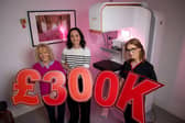 L-R Breast Friends Fundraiser Ann Brown and Anna Kayes from online car insurance company its4women are pictured with Action Cancer’s Advanced Practice Radiographer, Donna Kelly, to celebrate the significant milestone of £300,000 being raised for the breast screening service since the Breast Friends partnership began with its4women in 2019.