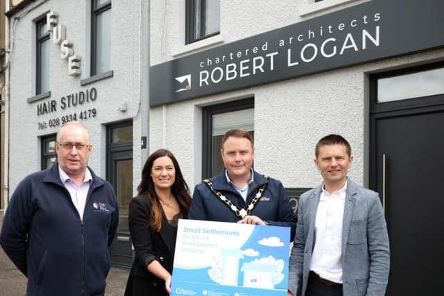Andy Clement (DfC), Victoria Gault (Fuse Hair Studio), Mayor of Antrim and Newtownabbey, Cllr Mark Cooper and Robert Logan of Robert Logan Chartered Architects. (ANBC).
