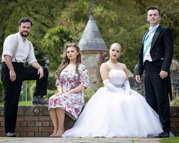 David McCrossan as Everyman, Caroline McMichael as young Eva Duarte,  Karen Hawthorne as Eva Peron aka Evita, Matthew Watson as Juan Peron. Pic credit: Ulster Operatic Society