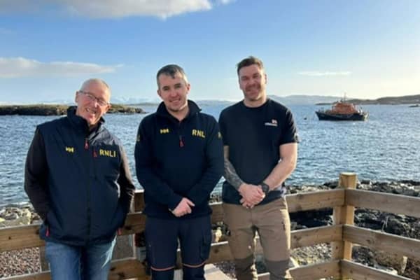 Arranmore RNLI Launch Operations Manager Jerry Early, Trainee Coxswain Kieran O’Donnell, Relief Coxswain Karl O'Neill from Portrush. CREDIT ARRANMORE RNLI