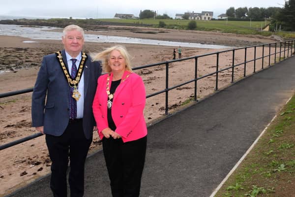 Mayor of Causeway Coast and Glens, Councillor Steven Callaghan and Deputy Mayor, Councillor Margaret-Anne McKillop at the newly upgraded coastal path in Cushendall. Credit CCGBC