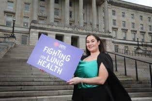 Anouska Black campaigning at Stormont to End the Lung Health Lottery.