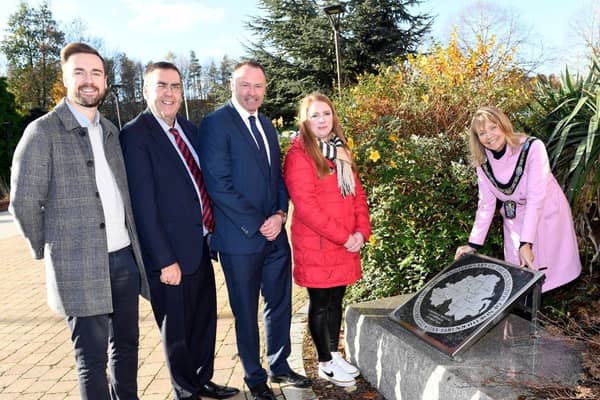 At the unveiling of the centenary stone at Craigavon Civic Centre at the end of 2023 are Lord Mayor Alderman Margaret Tinsley with elected representatives, Councillor Kyle Moutray, Alderman Stephen Moutray, Councillor Keith Ratcliffe and Councillor Kate Evans. Picture: ABC Borough Council