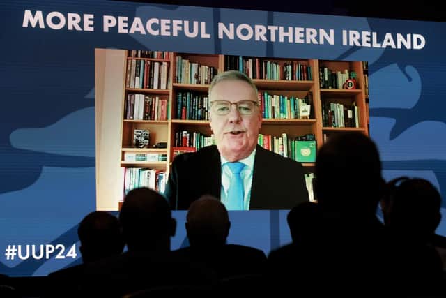 New leader Mike Nesbitt addressing the Ulster Unionist Party (UUP) conference at the Crowne Plaza in Belfast, remotely due to having contracted Covid-19. Photo: Liam McBurney/PA Wire