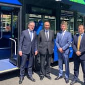 From left to right, Jean-Marc Gales, Wrightbus CEO; Lord Dominic Johnson, Minister for Investment; Graeme MacLaughlin, Barclays Relationship Director; and Carl Williamson, UK Export Finance Head of Trade Finance.