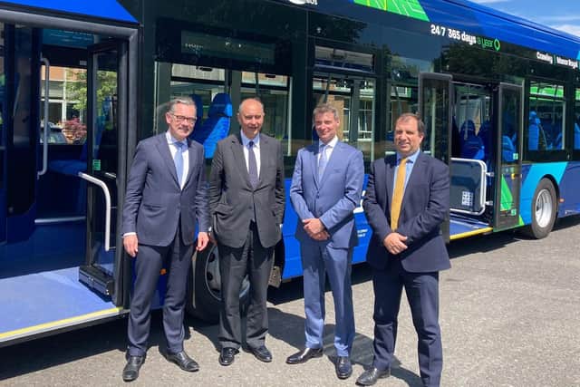 From left to right, Jean-Marc Gales, Wrightbus CEO; Lord Dominic Johnson, Minister for Investment; Graeme MacLaughlin, Barclays Relationship Director; and Carl Williamson, UK Export Finance Head of Trade Finance.