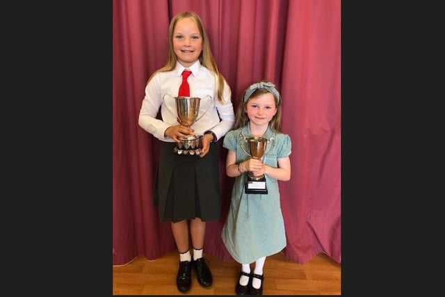 Rose Cousins and Tilly Radcliffe who were winners of Donacloney Primary School's Key Stage Sports at the school's prize giving ceremony in June 2023.