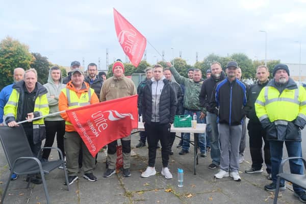 NIHE workers who are on strike pictured outside the NIHE office in Craigavon, Co Armagh. The workers are striking as they have rejected a 'galling' 1.75% pay offer.
