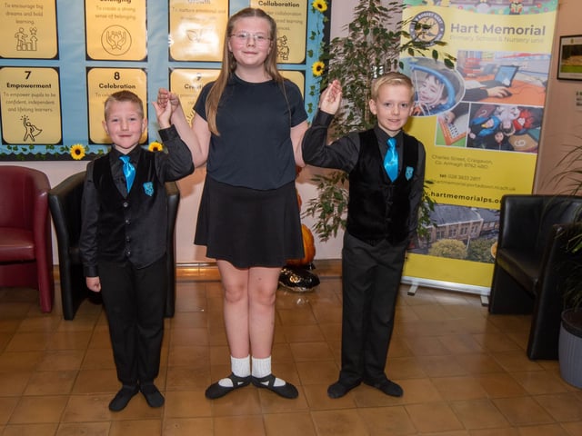 Hart Memorial Primary School pupils, Tommy, Lara and Theodore who showed off their Irish dancing skills during the school Culture Day.