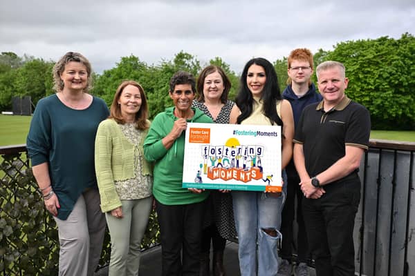 Eimear Hanna, (Head of Service for Fostering, HSC NI Foster Care, Belfast), Nuala Hanna, (Head of Service for Fostering, HSC NI Foster Care South Eastern), Fatima Whitbread MBE, Kathleen Toner, (Director of The Fostering Network NI), Joana Neves (Care Experienced Young Person), Kristaps (Young Person) & Chris Quinn,(NI Commissioner for Children and Young People), Pic credit: SEHSCT
