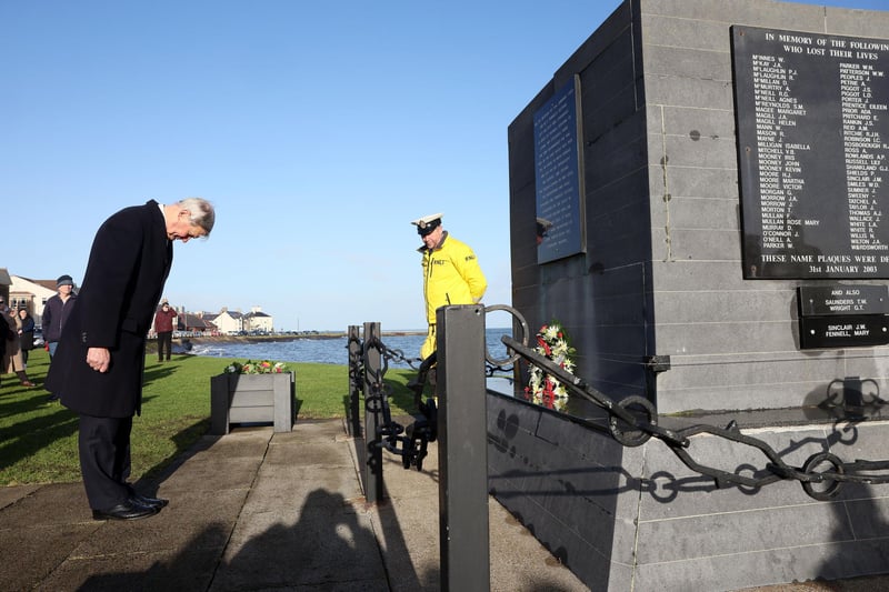 Lord Lieutenant of Co. Antrim, David McCorkell, lays a wreath at the memorial during the annual commemoration in Larne.
