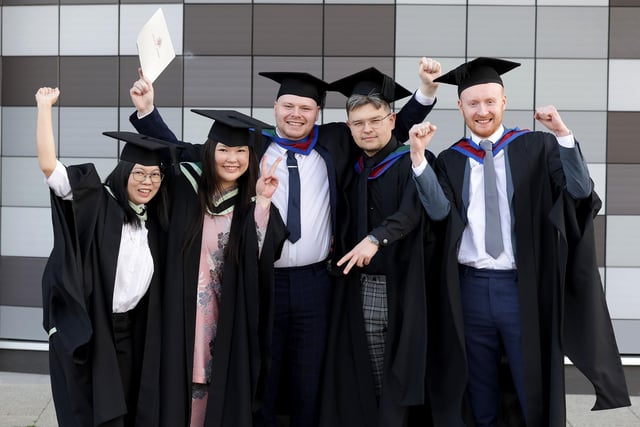 Timing Kiewing, Jocelyn Wu Shin Yin both graduate with Postgraduate Diploma in cataract and refractive surgery, Conchur Richards from Armagh, Conor Dorman from Tyrone and Oran Darragh from Armagh graduate with a Masters in Journalism at the Graduation Winter Ceremony on Wednesday morning.