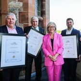 George Fleming, Fleming Agri Products; Walter Watson, Walter Watson Ltd; Wendy Austin, event MC; Mark Hutchinson, Hutchinson Engineering; and John Bosco O’Hagan, Specialist Group.