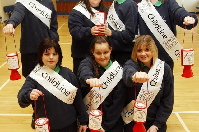Fort Hill College Sixth Form Child Care students who collected for Child Line in Lisburn City Centre in 2006.  Back row L-R Kerry Campbell, Naomi Johnston, Carly Campbell and Laura Scales.  Front row L-R Zara Johnston, Danielle Parkinson and Laura Davidson.