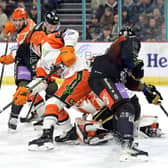 Belfast Giants' Scott Conway scoring against Sheffield Steelers during Friday’s Elite Ice Hockey League game at the SSE Arena, Belfast.   Photo by William Cherry/Presseye