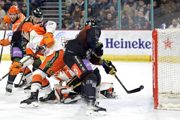 Belfast Giants' Scott Conway scoring against Sheffield Steelers during Friday’s Elite Ice Hockey League game at the SSE Arena, Belfast.   Photo by William Cherry/Presseye