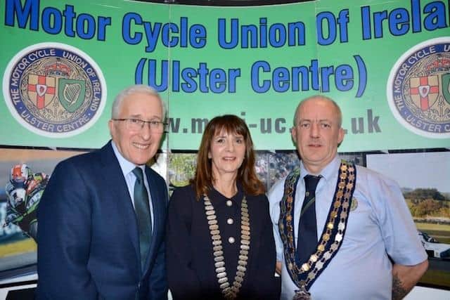 Pictured from left, Rt Rev Dr John Kirkpatrick, Moderator of the Presbyterian Church in Ireland and Race Chaplain to Motor Cycle Union of Ireland (MCUI) the with the President of the MCUI, Rebecca Hampshire, and Chair of the MCUI's Ulster Centre, David McCartney, at the Motor Cycle Union of Ireland Ulster Centre’s annual Season Awards Night that was held on Friday evening at the Royal Hotel, Cookstown.