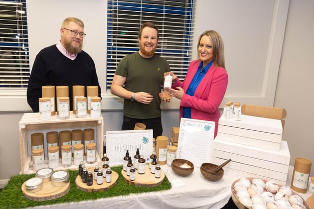 Mallusk Market provided a showcase for local business The Salty Herb. Its founder Peter McClean is pictured with Chairman of Mallusk Enterprise Park Iain Patterson and CEO Emma Garrett.