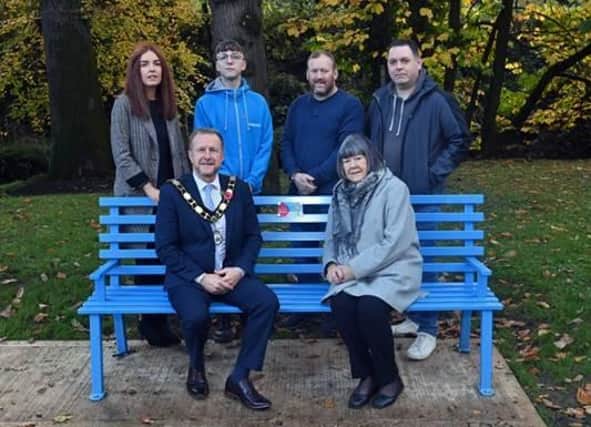 Pictured at Crumlin Glen Buddy Bench. L-R, Pictured at Lilian Bland Buddy Bench. Back row: Leah Glass, Health & Wellbeing Locality Lead HSCNI, Tom Irvine, Vice Chair FOCUS, Councillor Andrew McAuley and William Smyth, Youth mentor FOCUS. Front Row: Mayor of Antrim and Newtownabbey, Alderman Stephen Ross and Valerie Adams Chairperson Antrim and Newtownabbey Loneliness Network