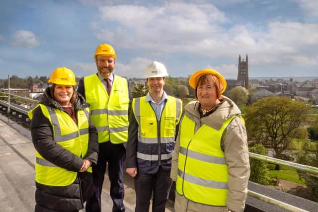 Taking in the spectacular view of Coleraine town centre at a recent Northern Regional College site visit are (from L-R) Louise Watson, Director of FE, DfE, Ken Nelson, Chair of NRC Governing Body, Mel Higgins, NRC Principal & Chief Executive and Heather Cousins, Head of Skills and Education in the Department for the Economy.