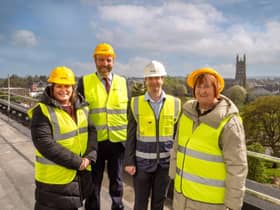 Taking in the spectacular view of Coleraine town centre at a recent Northern Regional College site visit are (from L-R) Louise Watson, Director of FE, DfE, Ken Nelson, Chair of NRC Governing Body, Mel Higgins, NRC Principal & Chief Executive and Heather Cousins, Head of Skills and Education in the Department for the Economy.