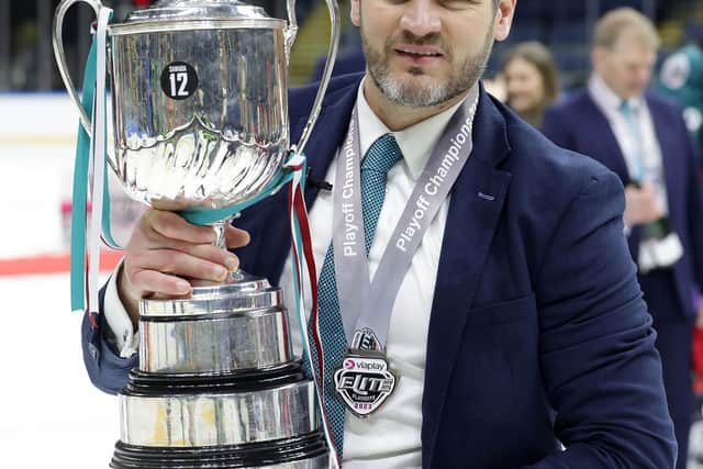 Belfast Giants’ coach Adam Keefe celebrates after defeating the Cardiff Devils to win Sunday’s Elite Ice Hockey League Playoff Final at the Motorpoint Arena, Nottingham. Photo by William Cherry/Presseye
