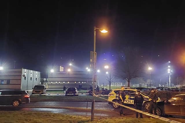 Police at the scene after an off-duty PSNI officer was shot in a sports complex in Omagh on Wednesday, February 22.