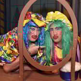 Nothing like a dame...Eddie Drury, left, and Jason Price who play the 'Ugly Sisters' in the Gateway Theatre Group 40th anniversary pantomime, 'Cinderella'. PT01-233.