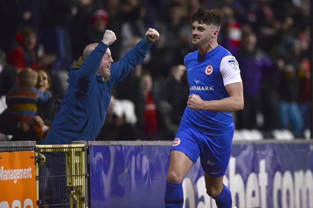 Lee Bonis pictured after scoring his team's second goal during Friday night's game at Seaview in Belfast. Picture By: Arthur Allison/Pacemaker Press