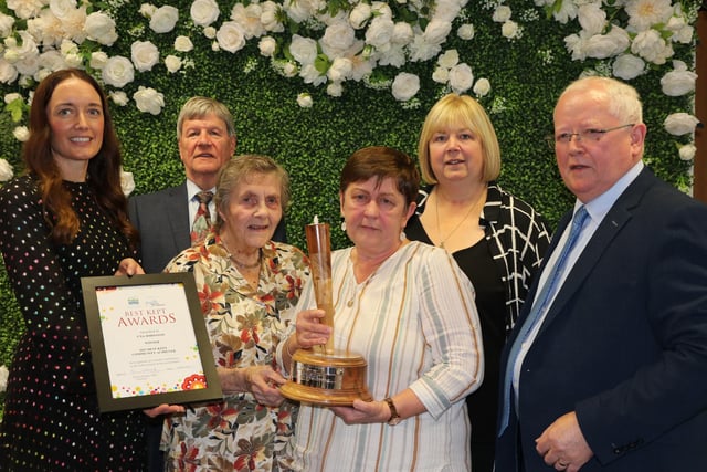 Una Johnston, Toome Community Group received the Community Achiever award for her impressive commitments to her community in Toome. Pictured L-R are Anna McKelvey, Head of Marketing at George Best Belfast City Airport, Best Kept Patron Joe Mahon, President of The Northern Ireland Amenity Council, Doreen Muskett MBE, Una Johnston, Alderman Linda Clark and Alderman John Smyth.