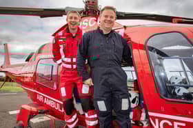 Dr Ciaran McKenna and Air Ambulance NI Pilot, Richard ‘Rich’ Steele who will be taking to the skies for the skydive on September 6. Pic credit: SEHSCT