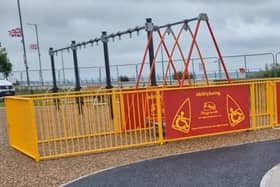 The newly refurbished Marine Gardens playpark in Carrickfergus has won praise for its “accessible” facilities, such as this ability swing.  Photo: Helena McManus