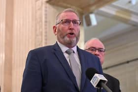 Ulster Unionist Party leader Doug Beattie and members of his party pictured in the Great hall in Stormont