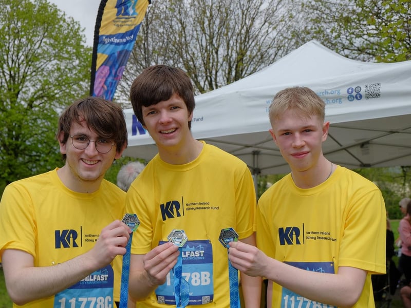 Tana Scott, Finn Holden and Conor Parsons from Aquinas College who ran for N.Ireland Kidney Research Fund.
