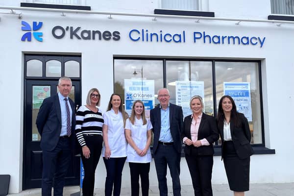 Local pharmacists from O’Kane’s pharmacy in Draperstown and representatives from Community Pharmacy Northern Ireland met with Sinn Féin Vice President, Michelle O’Neill MLA, Linda Dillon MLA and Emma Sheerin MLA to discuss the ongoing crisis in community pharmacy. Credit: Community Pharmacy NI