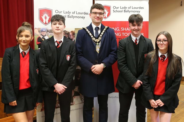 Mayor of Causeway Coast and Glens, Councillor Ciarán McQuillan, visited Our Lady of Lourdes in Ballymoney to discuss issues such as citizenship, leadership in the community and how young people can get involved in local politics.
