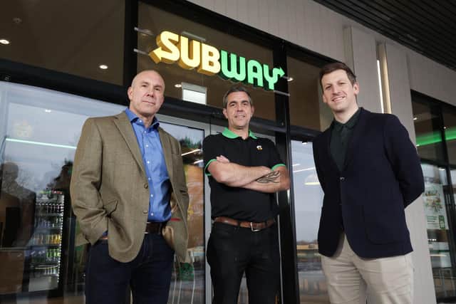 Pictured are Scot Heyes, Adam Heyes and Tristan Scott Heyes, who are the co-franchisees, at the opening of the brand-new Subway® store in Rushmere Shopping Centre. Rushmere is the 92nd Subway® store to open in Northern Ireland in the 25 years since the first store opened in 1998.  Picture: Kelvin Boyes / Press Eye