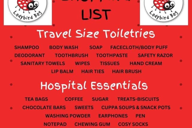 Jake's Ladybird Bag shopping list. Jake's mum Julie Flaherty is organising a coffee morning on Friday at the Millennium Court in aid of the Children's Heartbeat Trust. She is also hoping for donations towards Jake's Ladybird Bag which is given to parents going to hospital with their child.