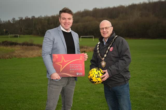 Chair of Mid Ulster District Council, Councillor Dominic Molloy is pictured with local sports presenter Thomas Niblock to help launch the Mid Ulster District
Council Sports Awards which take place at The Burnavon in Cookstown on March 26.Credit: Submitted