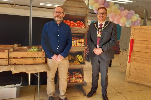 Lord Mayor of Armagh, Banbridge and Craigavon Council Paul Greenfield at the fully stocked new social supermarket Freedom Foods Pantry in Portadown, Co Armagh on Thursday. He is pictured with Chris Leech who is chairman of the Craigavon Area Food Bank. The supermarket is open to anyone in need and, for a small fee, can avail of a grocery shop of fresh and frozen food plus other staples.